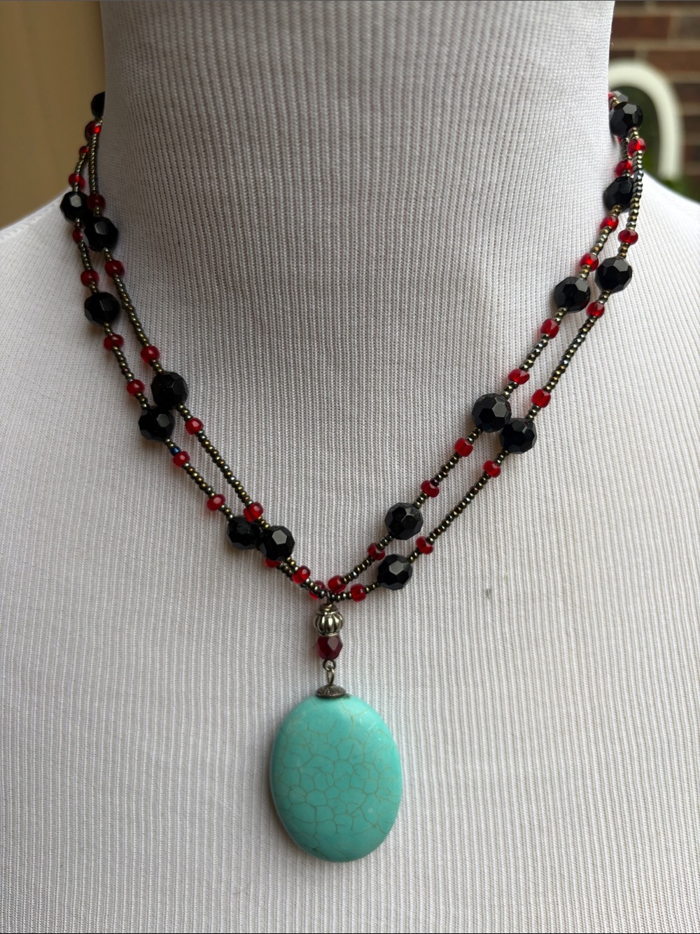 Layered Turquoise Pendant Necklace with Black and Red Beads